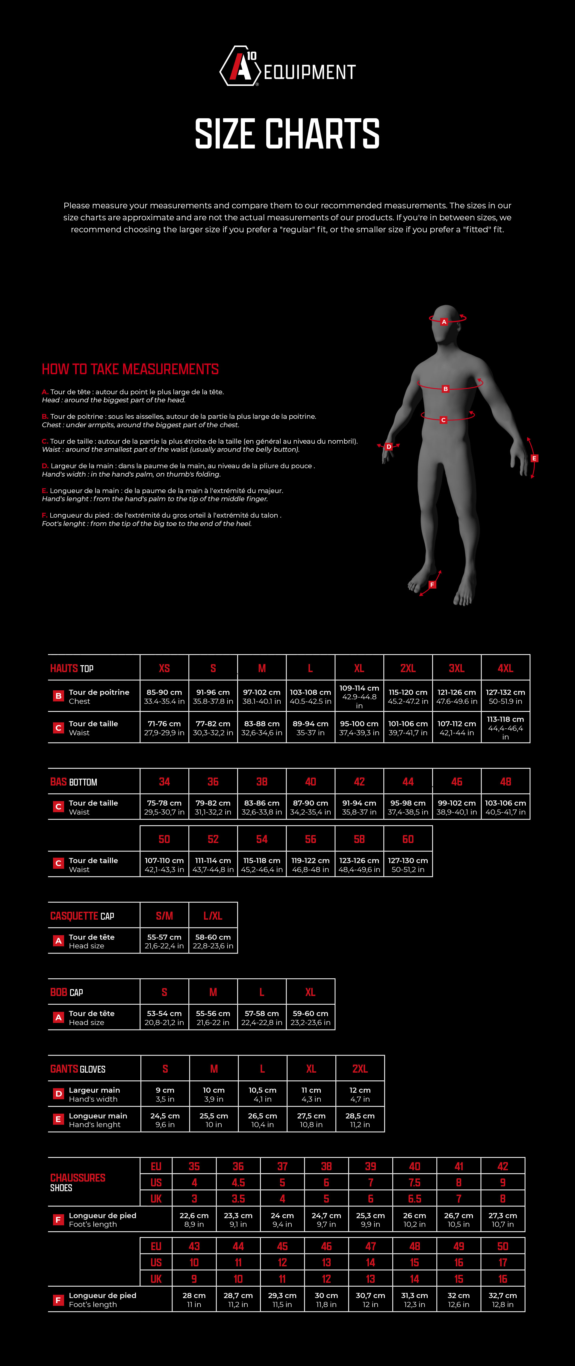 A10 Equipment Größentabelle Size Chart