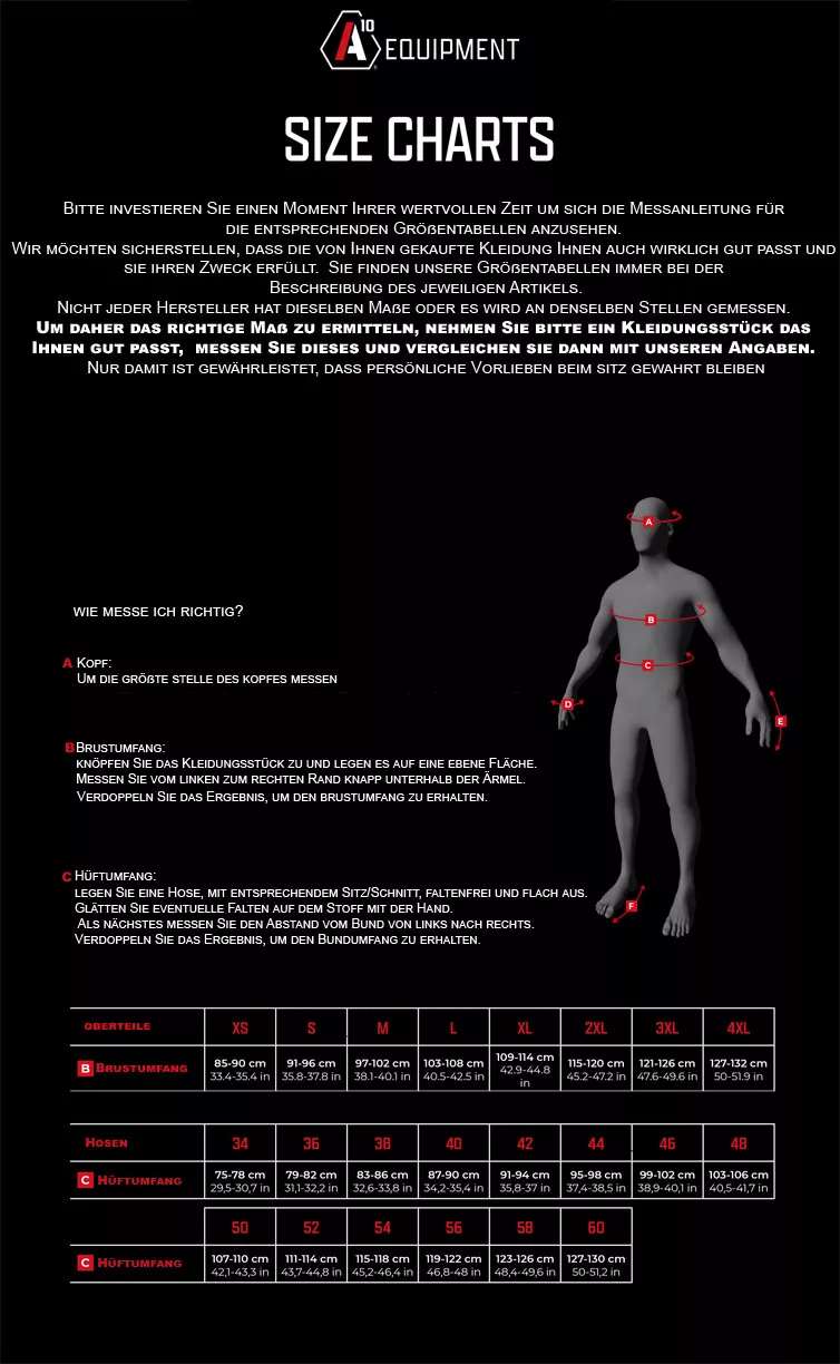 A10 Equipment Größentabelle Size Chart